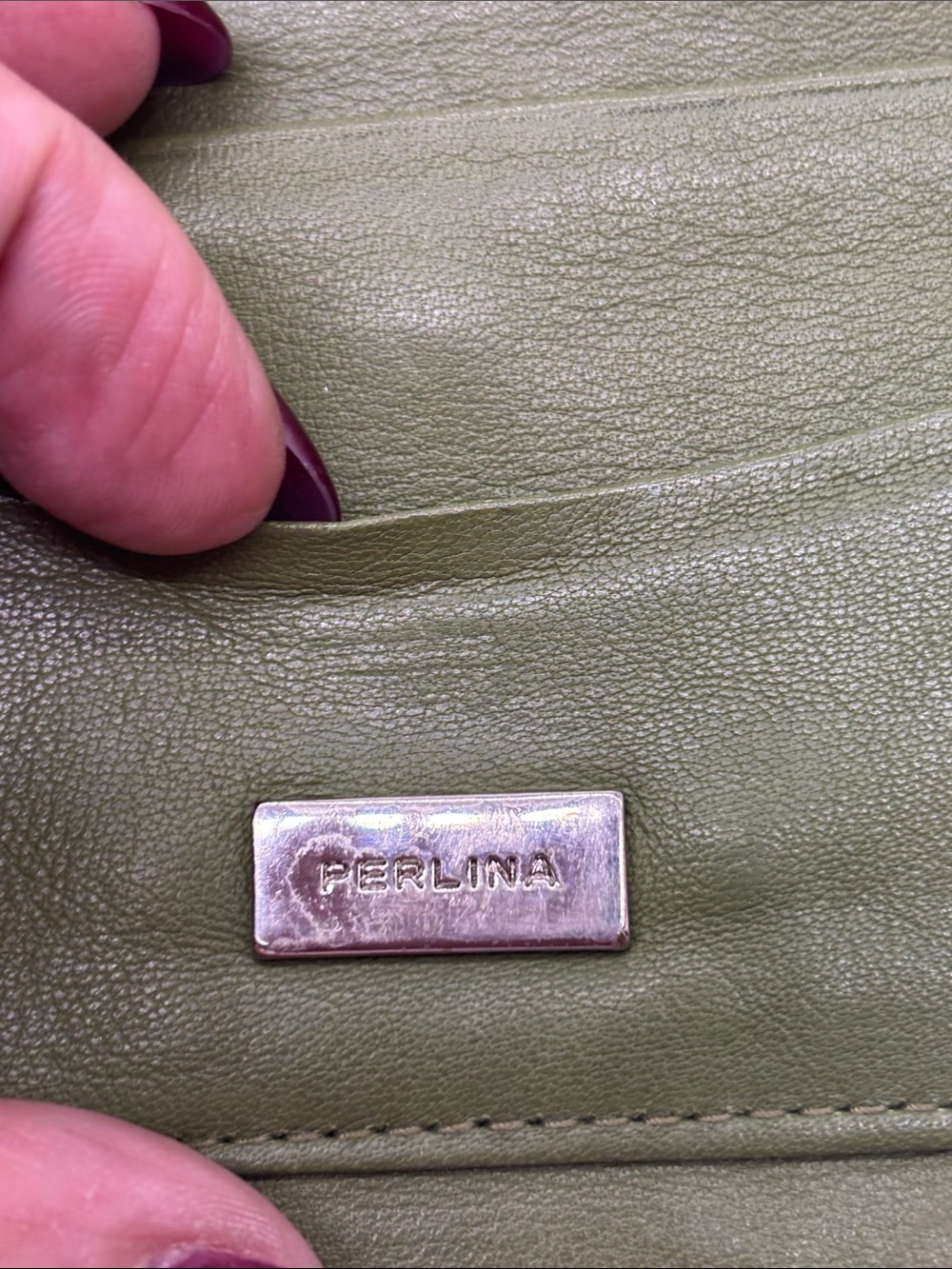 Perlina Olive Green Leather Clutch with Silver Buckle - Picture 3 of 9